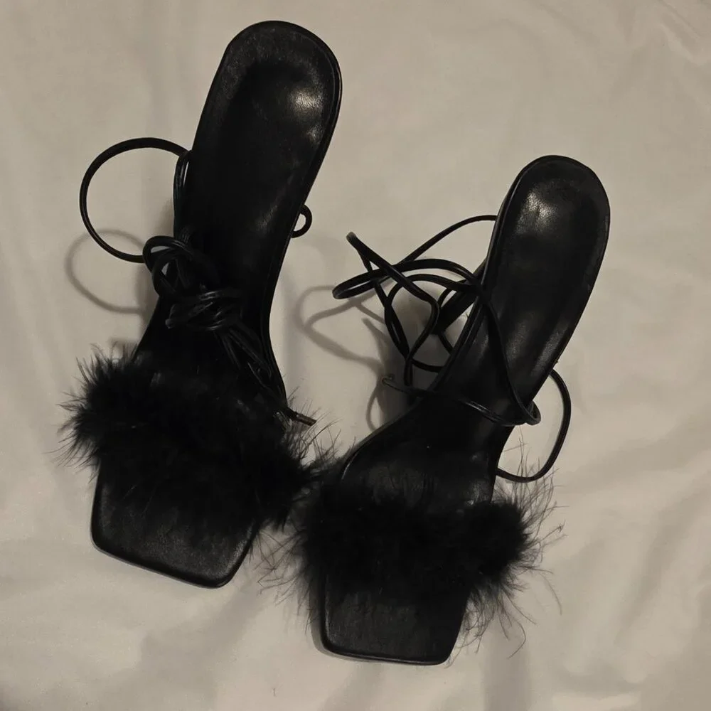 Lace Up Strappy Feather Trim Shoes Stiletto Heels US Size 8 Shoe Sz 38.5 Sexy